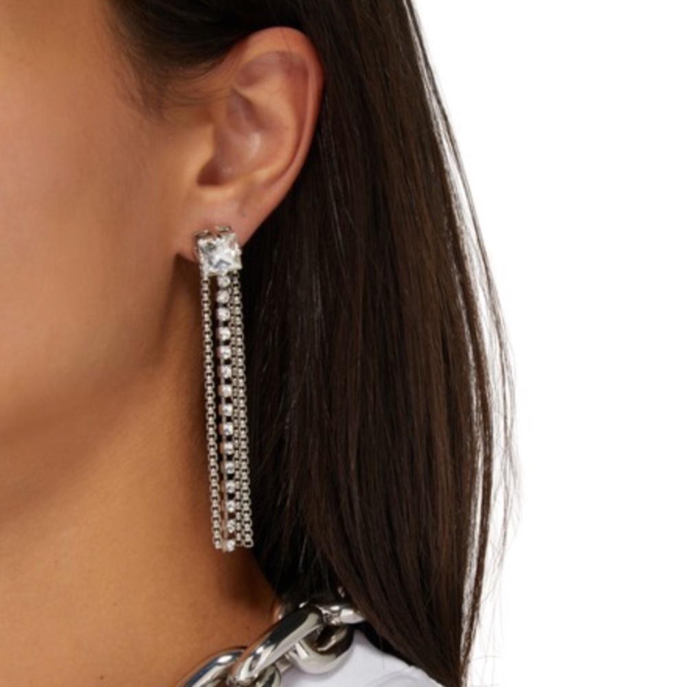 Miu Miu Silver Metal Chain Crystal Long Earrings